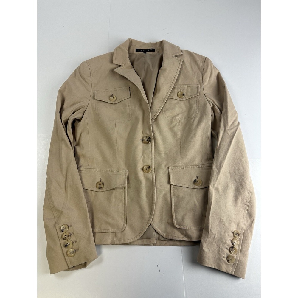 Theory Womens Jacket Size 2 Khaki Beige Solid Casual Cotton Basic Military